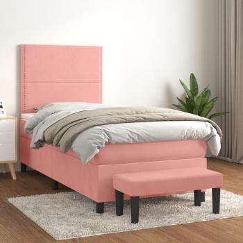 Cama box spring con colchón de muelles en terciopelo rosa 100x200 cm