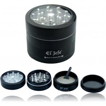 El Jefe Diamond Grinder, Herb Grinder, Salt Grinder, Tabacco Grinder, Spice Grinder, Amsterdam Grinder, Metal Grinder with Pollen Catcher 50mm Black