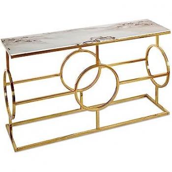 Consola Giorgia 140x80x40 cm con pie dorado y superficie de mármol blanco y gris, mueble auxiliar de acero y cristal