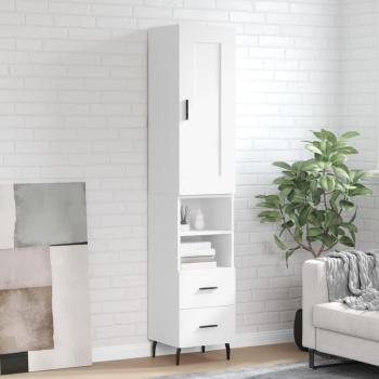 Aparador alto de madera contrachapada blanco 34,5x34x180 cm con 2 cajones y 2 estantes, mueble de almacenaje para salón, buffet y armario auxiliar