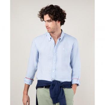 Camisa de lino de hombre regular lisa en color celeste El Ganso M39