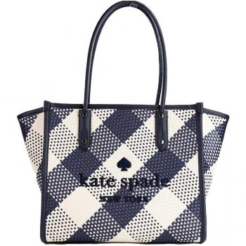 Kate Spade Ella Gingham Blazer Blue Oversized Woven Shoulder Tote Bag Purse