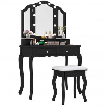 Makeup Vanity Table Set with Lighted Mirror and Drawers - Vanity Set-Black