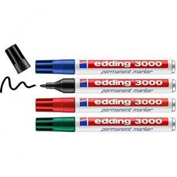 Edding 3000 marcador permanente - negro, rojo, azul, verde - 4 rotuladores - punta redonda - indeleble de secado rápido - resistente al agua y a los borrones - cartón plástico madera metal - universal