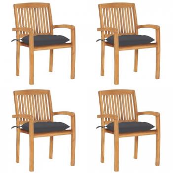 Stackable Garden Chairs with Cushions - Set of 4 Solid Teak Wood