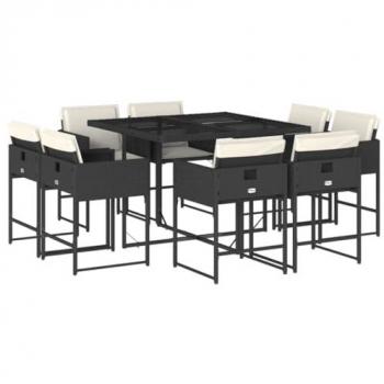 Set de comedor de jardín 9 piezas con cojines ratán sintético negro