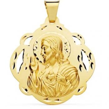 Medalla Calada Tallada en Oro 18k del Sagrado Corazón de Jesús - Forma Pandereta 42 mm