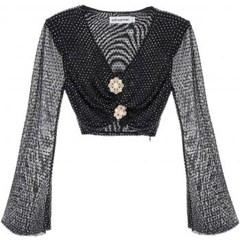 Rhinestone-Embellished Black Cropped Top with Diamanté Brooches - Self Portrait, Flared Sleeve Deep V-Neck Shirt, Women's Sizes 2XS