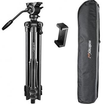 Trípode de Video Walimex Pro Advanced 173cm con Cabezal Fluido, Soporte para Smartphone y Bolsa, Ligero y Estable, Función Panorámica 360°