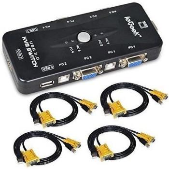 ieGeek Switch KVM Box Caja Conmutador 4 Puertos de USB-A 4 Conectores de USB-B 4 Entradas de VGA y cada dos Cable de Tipo-A Tipo-B y VGA de Calidad Alta Para Monitor de PC, Teclado, Control de Ratón, Impresora, Escáner y mucho más, Negro