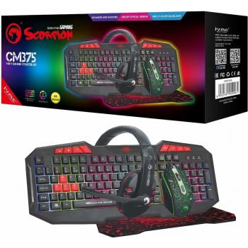 Marvo CM375 4 in 1 Gaming Peripheral Set - 7 Colour Backlit Keyboard, 3200dpi Optical RGB Mouse, S Size 287mm x 244mm Mouse Pad, Stereo Headset