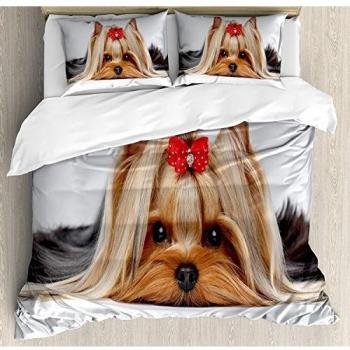 Juego de sábanas Yorkie de 3 piezas Juego de funda nórdica, mentiroso Yorkshire Terrier con linda cinta Yorkie Love Portrait of a Dog, Juego de fundas de edredón / Qulit de 3 piezas con 2 fundas de al
