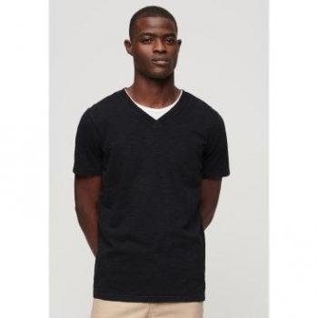 Camiseta de hombre Superdry flameada con cuello en V negro, manga corta, estilo slub