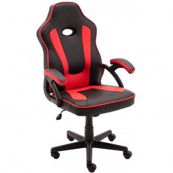Silla Gaming Ergonómica de Cuero Sintético Negra y Roja, Giratoria con Ruedas, Altura e Inclinación Ajustables