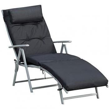 Tumbona Plegable Reclinable Outsunny de 7 Posiciones con Colchón, Reposabrazos y Estructura de Metal Epoxi Color Negro