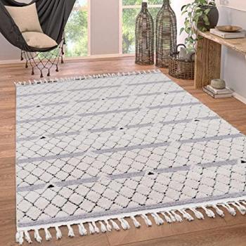 Alfombra Salón Moderna 3D Rombo Etnica con Flecos, Pelo Corto, Tamaño: 240x340 cm, Color: Gris