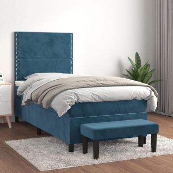 Cama box spring suave con colchón terciopelo azul oscuro 100x200 cm