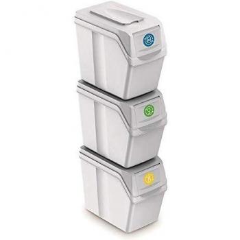 Prosperplast Juego de 3 cubos de reciclaje capacidad total 60 litros, apilable, compartimentos en color blanco, 3x20 Litros