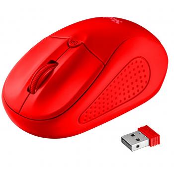 Ratón Inalámbrico Trust Primo en Rojo Mate - Alcance de 8M, 1000/1600DPI, Apto para Diestros y Zurdos con Micro Receptor USB