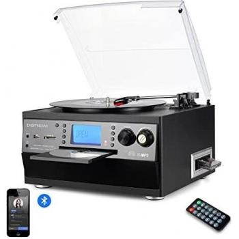 DIGITNOW! Tocadiscos Bluetooth Plato Giradiscos Vinilo,CD,Cassette, Encoding,USB,SD,MMC,Am/FM Radio,3 Velocidades,33/45/78 RPM con Altavoces Incorporados,Vinilo a MP3 Codificación