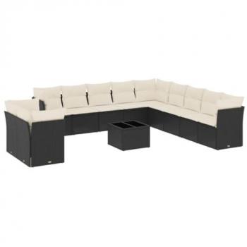 12-Piece Black Poly Rattan Garden Sofa Set with Cushions