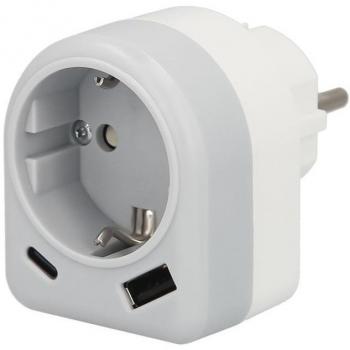 Adaptador Schuko con 2 Tomas, USB A y USB C