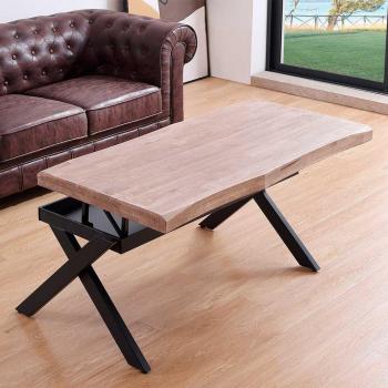 Mesa de centro elevable Xena Fit, tapa irregular, color roble honey y negro, dimensiones 47-62 cm de altura, 120 cm de largo y 60-66 cm de ancho