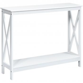 Mesita Rústica con 2 Niveles y Repisa Librería en X para Entrada Pasillo y Salón Blanco 100 x 30 x 80 cm