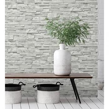 Papel Pintado Vinílico Lavable Imitación Muro de Piedra Pizarra Blanca Textura en Relieve - Rollo de 10 m x 0,53 m