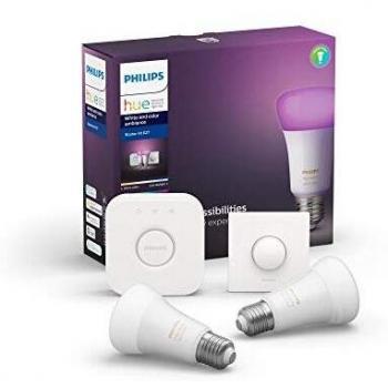 Philips Hue Pack de 2 Bombillas Inteligentes LED E27, con Bluetooth, Puente e Interruptor, Luz Blanca y Color, Compatible con Alexa y Google Home