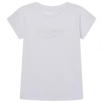 Camiseta de Niña Pepe Jeans Nuria Manga Corta con Logo, Blanca, 8 Años