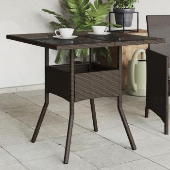 Mesa de jardín de vidrio marrón 80x80x75 cm Polyrattan con superficie de vidrio y estructura de ratán PE