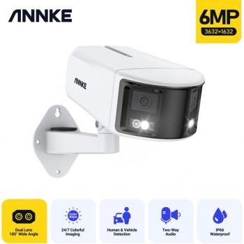 Cámara de Seguridad IP PoE 6MP Exterior Panorámica Doble Lente Visión Nocturna 180°