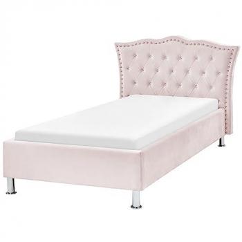 Cama Individual de Terciopelo Rosa Pastel con Cabecera Tapizada y Botones de Cristal 90x200 cm Metz