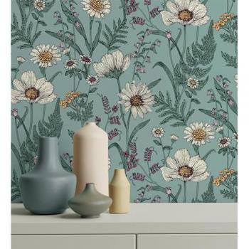 Papel Pintado Vinílico Flores Silvestres Margaritas Amapolas Fondo Azul Turquesa - Margot Meadow 682382 - Rollo 10 m x 0,52 m