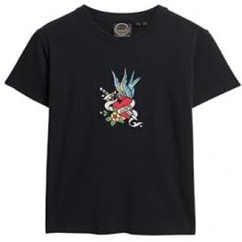 Camiseta Ajustada de Manga Corta para Mujer con Bordado de Tatuaje Negro Superdry