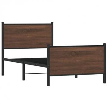 Cama individual con cabecero y pie de cama de metal marrón roble 100x190 cm, estructura sin colchón, marco de cama para muebles de dormitorio