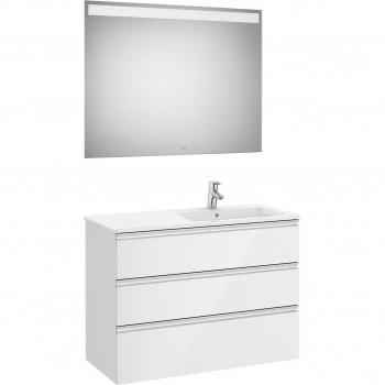 Conjunto de baño Roca The Gap con mueble base de 3 cajones, lavabo a la derecha y espejo con luz LED, color blanco brillo