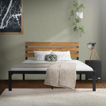 Cama Metalica Negra 140x200 cm con Cabecero de Madera Marrón y Somier de Acero - Diseño Industrial-Rústico ML-Design