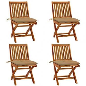 Folding Garden Chairs with Cushions - Set of 4 - Solid Teak Wood - Beige