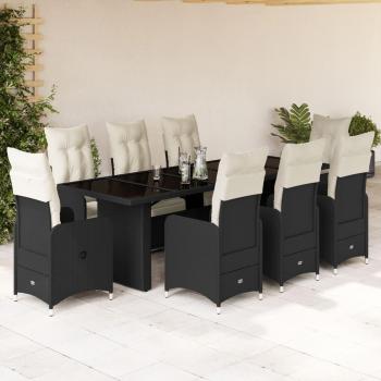 Set de mesa y sillas de jardín 9 piezas con cojines de ratán negro