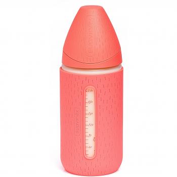 Suavinex 303003 - Biberón de vidrio 240 ml con funda de silicona y tetina 3 posiciones silicona, color rosa