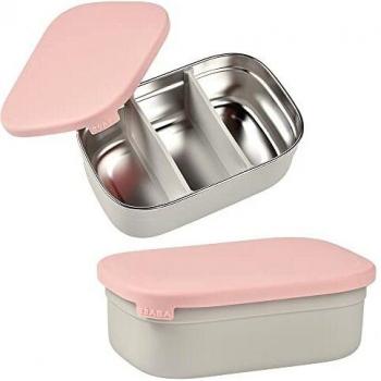 Caja de almuerzo infantil de acero inoxidable con tapa de silicona y funda protectora, gris velours y rosa polvo