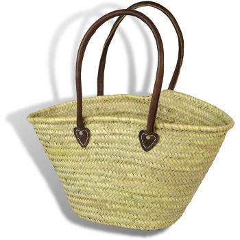 Cesta de mimbre Grande con Asas de cuero en dorado para el hombro - Ancho 58 Diámetro 25 Altura 38 cm