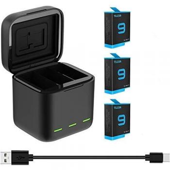 TELESIN Cargador Triple y Caja de Almacenamiento de batería con Cargador de 3 Canales con 2 baterías Recargables de Iones de Litio para GoPro Hero 10/9 Black