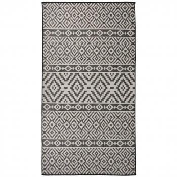 Alfombra de exterior de tejido plano 80x150 cm color gris, taupé, marrón y rayas negras para jardín, patio, terraza, balcón, salón y sala de estar
