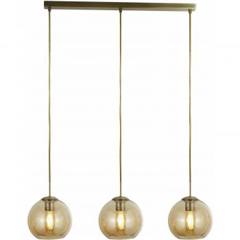 Lámpara colgante contemporánea de acero en latón antiguo con 3 bombillas E27 y pantalla de cristal ámbar, diámetro de 20 cm