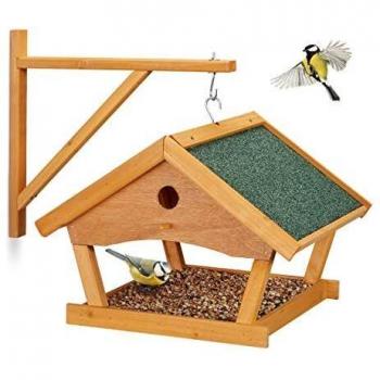 Comedero Colgante de Madera para Aves Pequeñas, 35x42,5x40,5 cm, Estación de Alimento Natural para Jardín