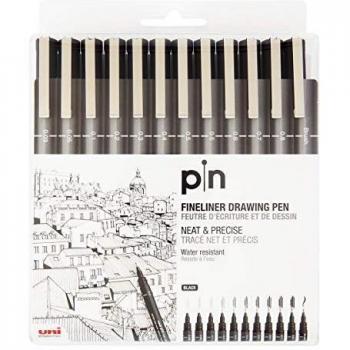 UNI PIN FINELINER DRAWING PEN SET 12 BLACK