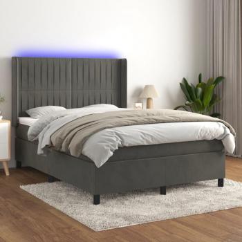 Cama box spring con colchón y LED en terciopelo gris oscuro 140x200 cm